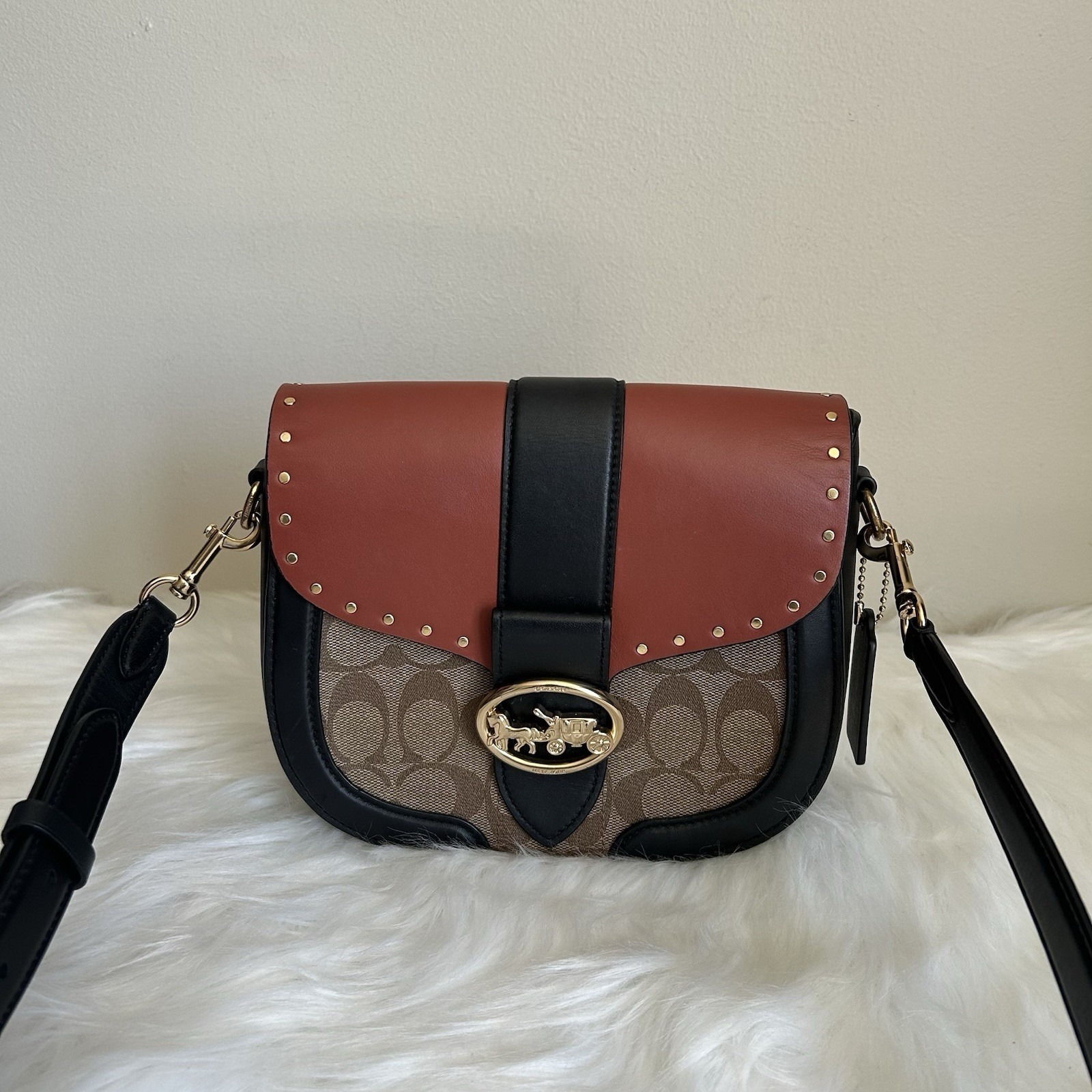 Coach Georgie Saddle Bag Brown Black Signature Canvas Leather Excellent